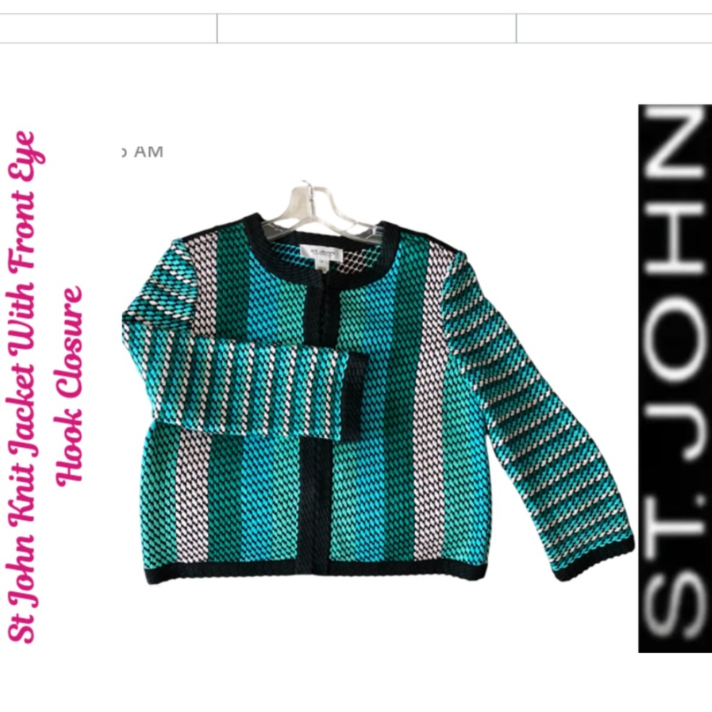 St. John Blue Stripe Knit Jacket With Front Eyehook Closure